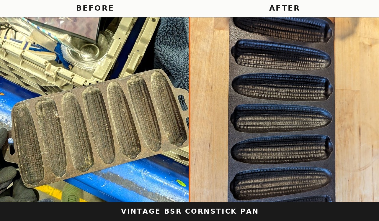 Vintage Birmingham Stove & Range (BSR) cornstick pan, before and after restoration