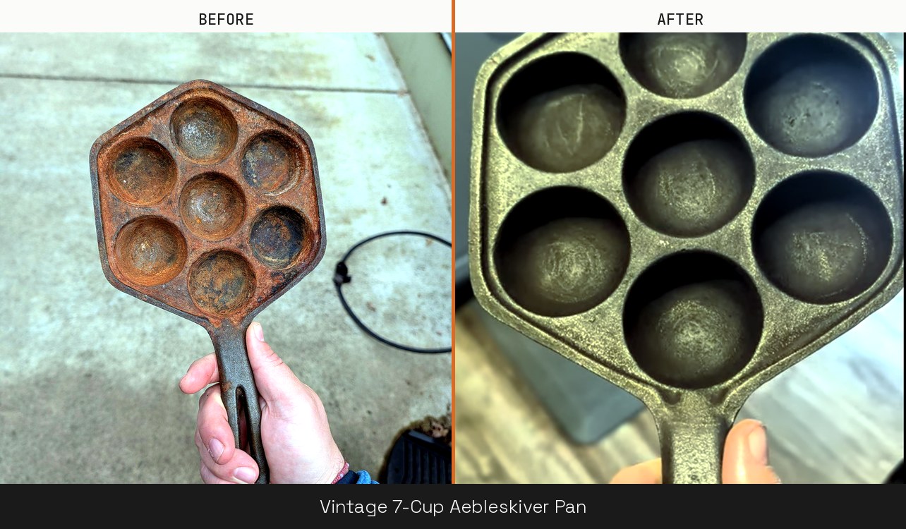 Vintage 7-cup aebleskiver pan, before and after restoration