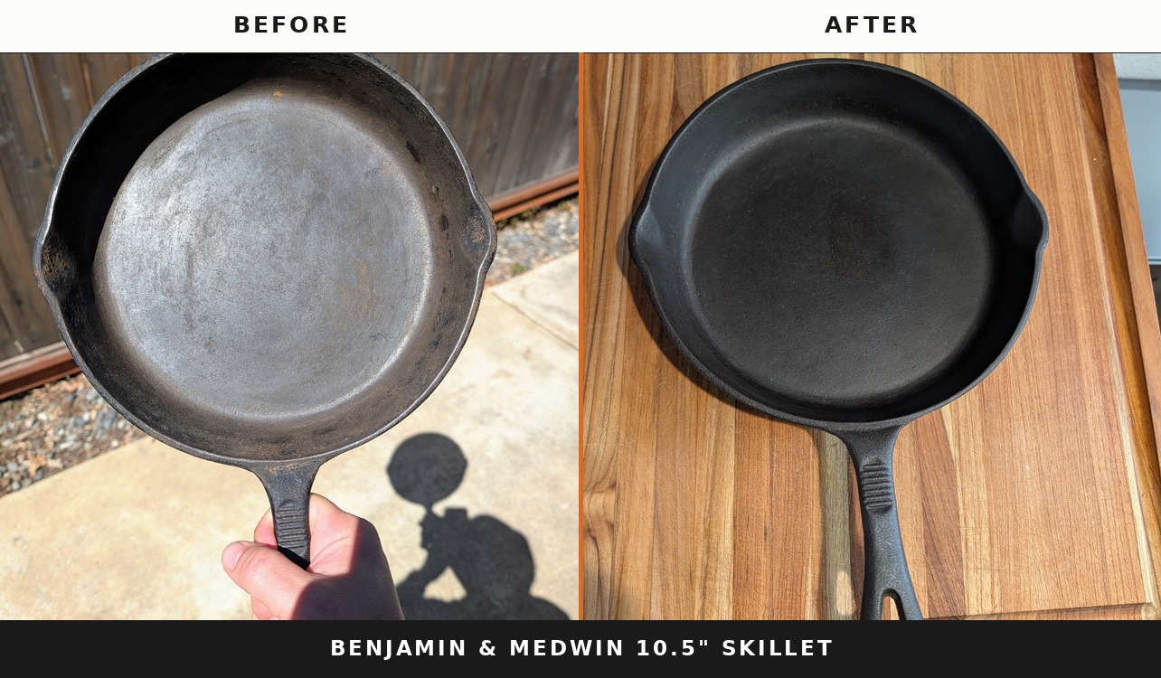 Vintage Benjamin & Medwin 10.5 inch skillet, before and after restoration
